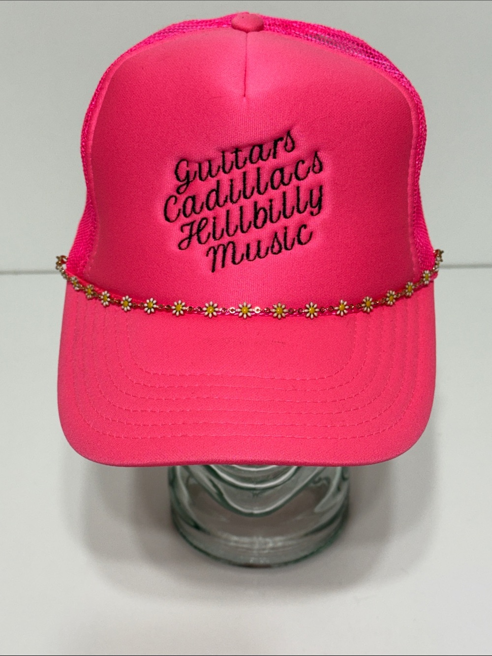 OTTO Hot Pink Trucker Hat with Daisy Chain “Guitars Cadillacs Hillbilly Music”